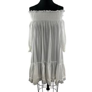 THAYER White Shift Dress Model Smocked Off the Shoulder 3/4 Sleeve Size XS